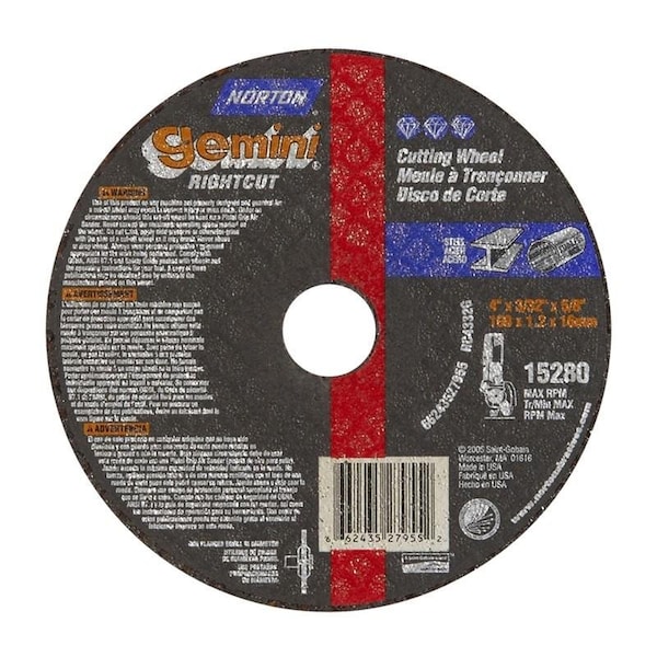 Norton Co Right Angle Cut-Off Blade Type 1 Metal-Gemini Aluminum Oxide, 4 x 3/32 x 5/8, Max RPM: 15280 662435-27955 - main